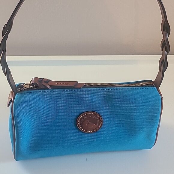 Dooney & Bourke Bright Blue Nylon Brown Leather Trim Small Barrel Shoulder Bag - Picture 2 of 13